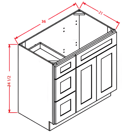 Vanity Sink 36"x34½"x21" Base Cabinet (drawers and door)